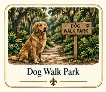 Explore Dog Walk Park at Poche Plantation — illustrated amenity guide