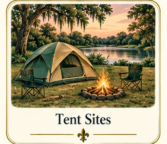 Explore Tent Sites at Poche Plantation — illustrated amenity guide